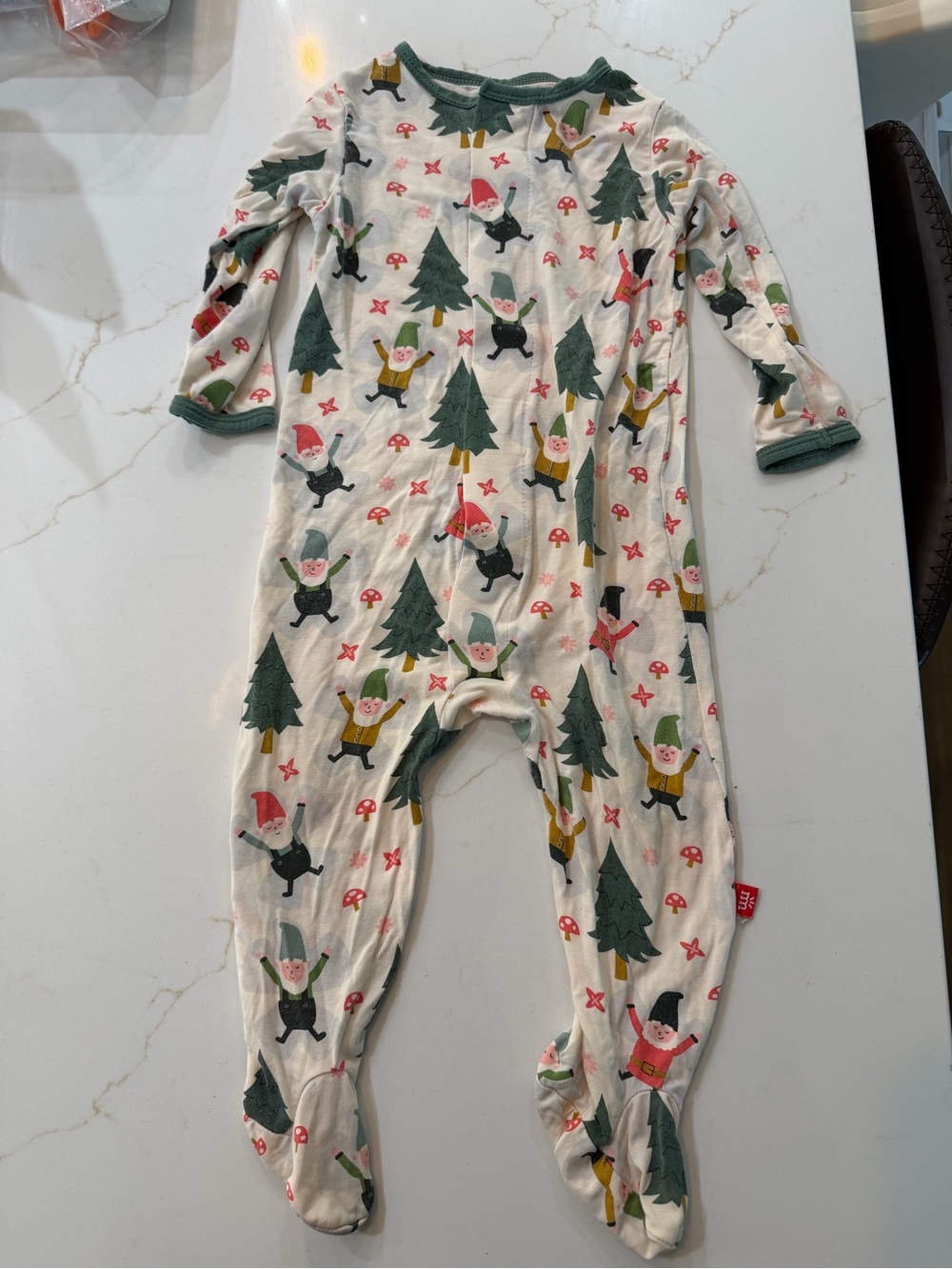 Magnetic Me Cream Footed One-Piece with Forest Gnomes and Green Trim